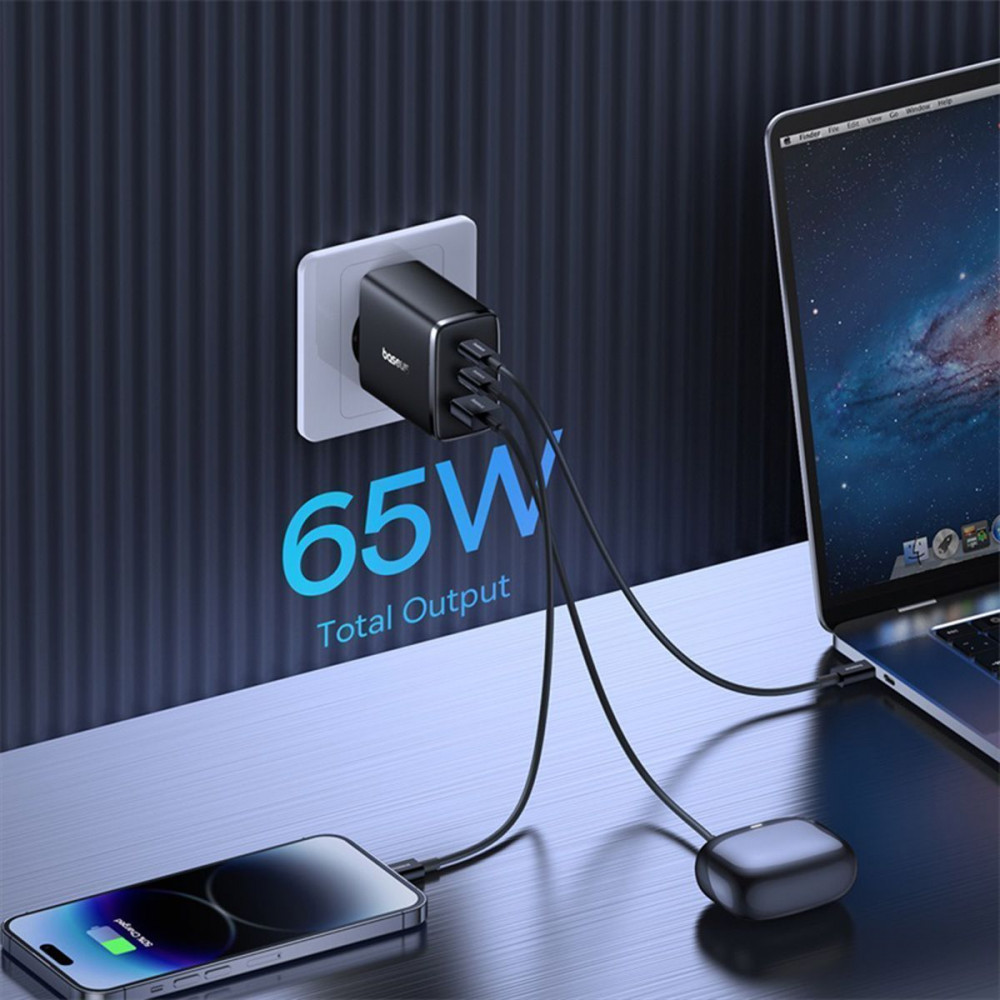 СЗУ Baseus Cube Pro Fast Charger 65W (2 Type-C + USB) black (P10152301113-00) Черный на картинке №8