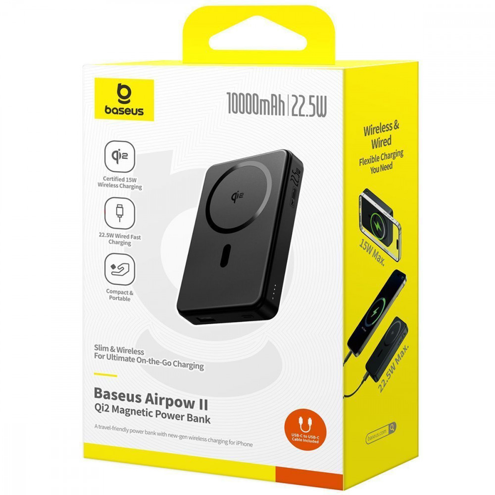 Портативная Батарея Baseus Airpow 2 Qi2 22.5W 10000mAh (With cable Type-C 0.3m) black (P10080000123-00) Черный на картинке №2