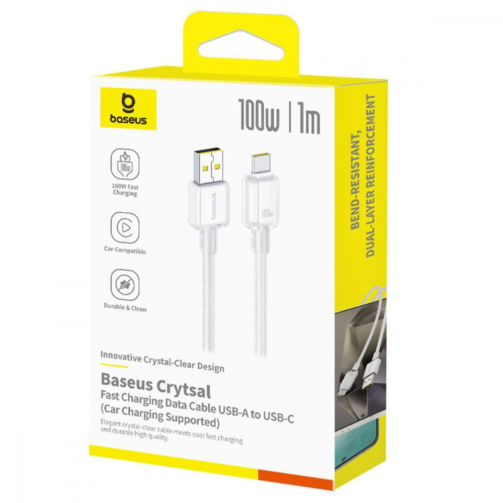 Кабель Baseus Crystal Fast Charging Data USB to Type-C (Car Charging Supported) 100W/7.5W (1m) white (E0427900) Белый на картинке №2