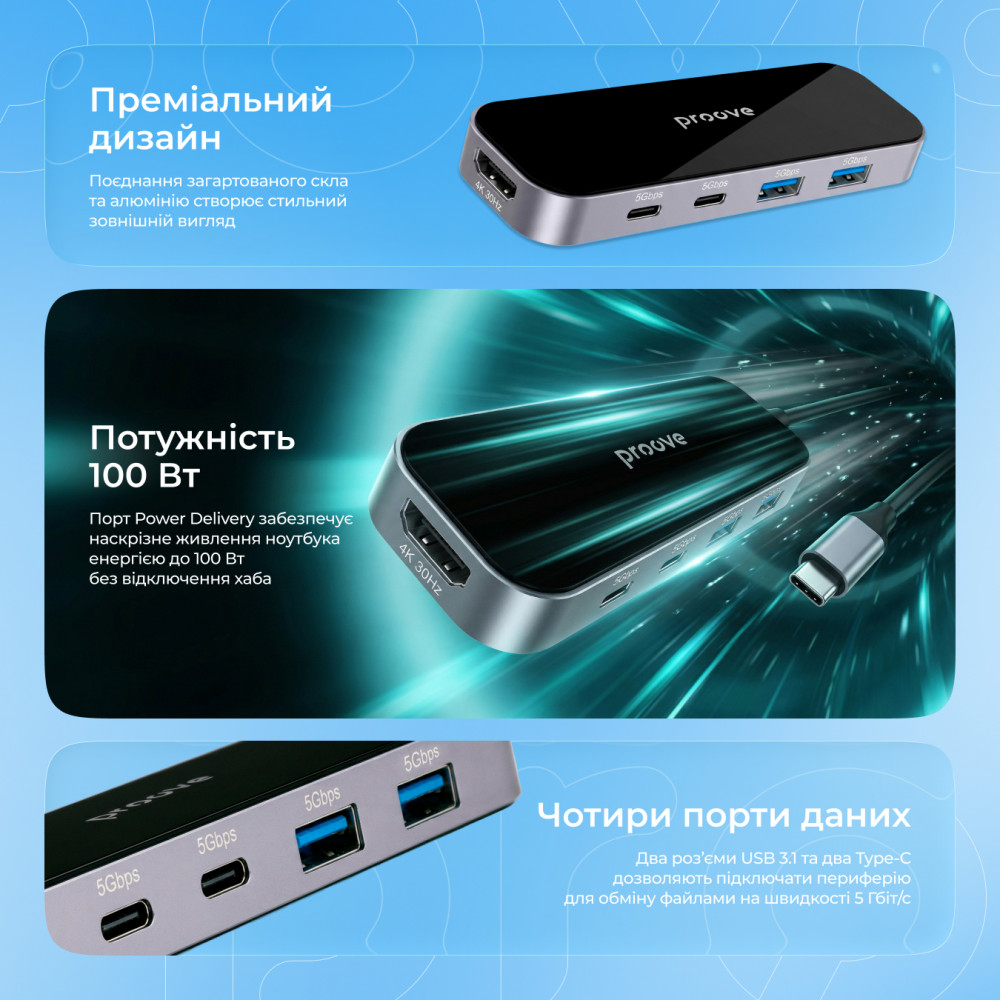 Type-C-Хаб Proove Shadow (2*USB3.0 + Type-C + PD100W + HDMI) — Придбати в Україні - фото 3