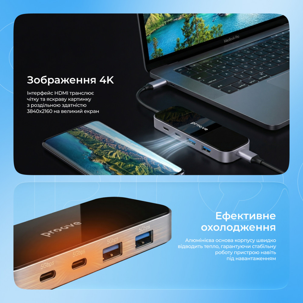 Type-C-Хаб Proove Shadow (2*USB3.0 + Type-C + PD100W + HDMI) — Придбати в Україні - фото 4