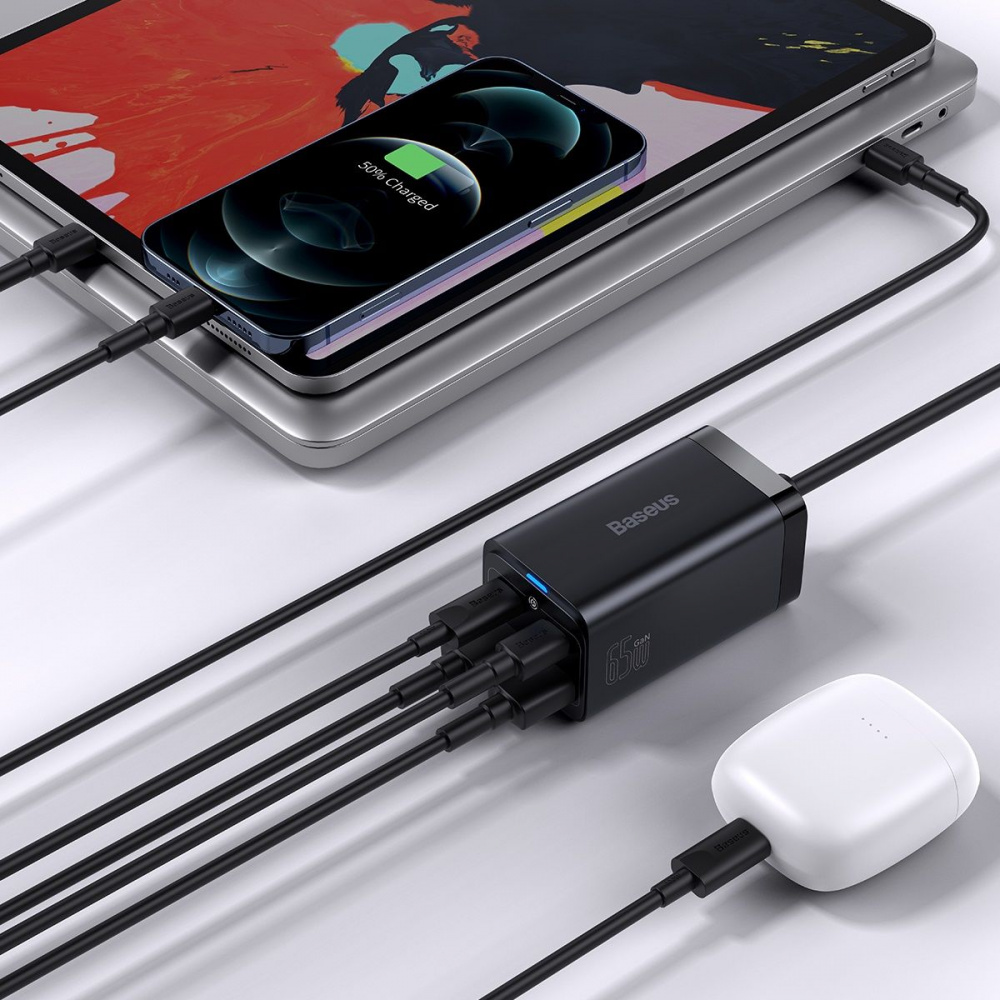 МЗП Baseus GaN3 Pro 65W (2 Type-C + 2 USB) + Кабель Type-C to Type-C 100W (1m) — Придбати в Україні - фото 5