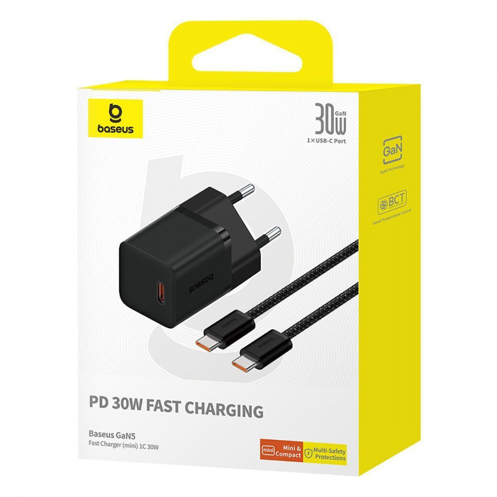 МЗП Baseus GaN5 Mini Fast Charger  Type-C 30W (With Cable Type-C  to Type-C 100W 1m) — Придбати в Україні - фото 1
