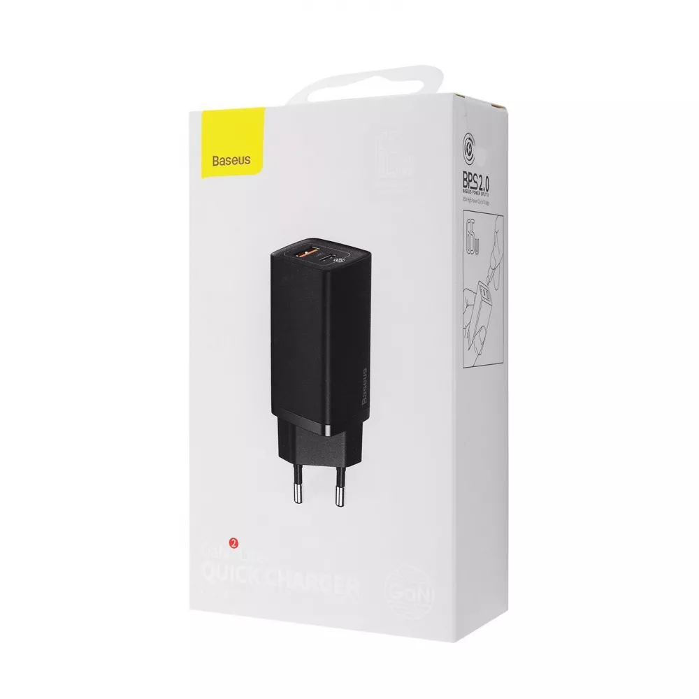 СЗУ Baseus GaN2 Lite Quick Charger 65W (1 Type-C + 1 USB) - фото 1