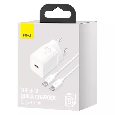 МЗП Baseus Super Silicone Quick Charger 25W (Type-C) + Кабель Type-C to Type-C 3A (1m) — Придбати в Україні