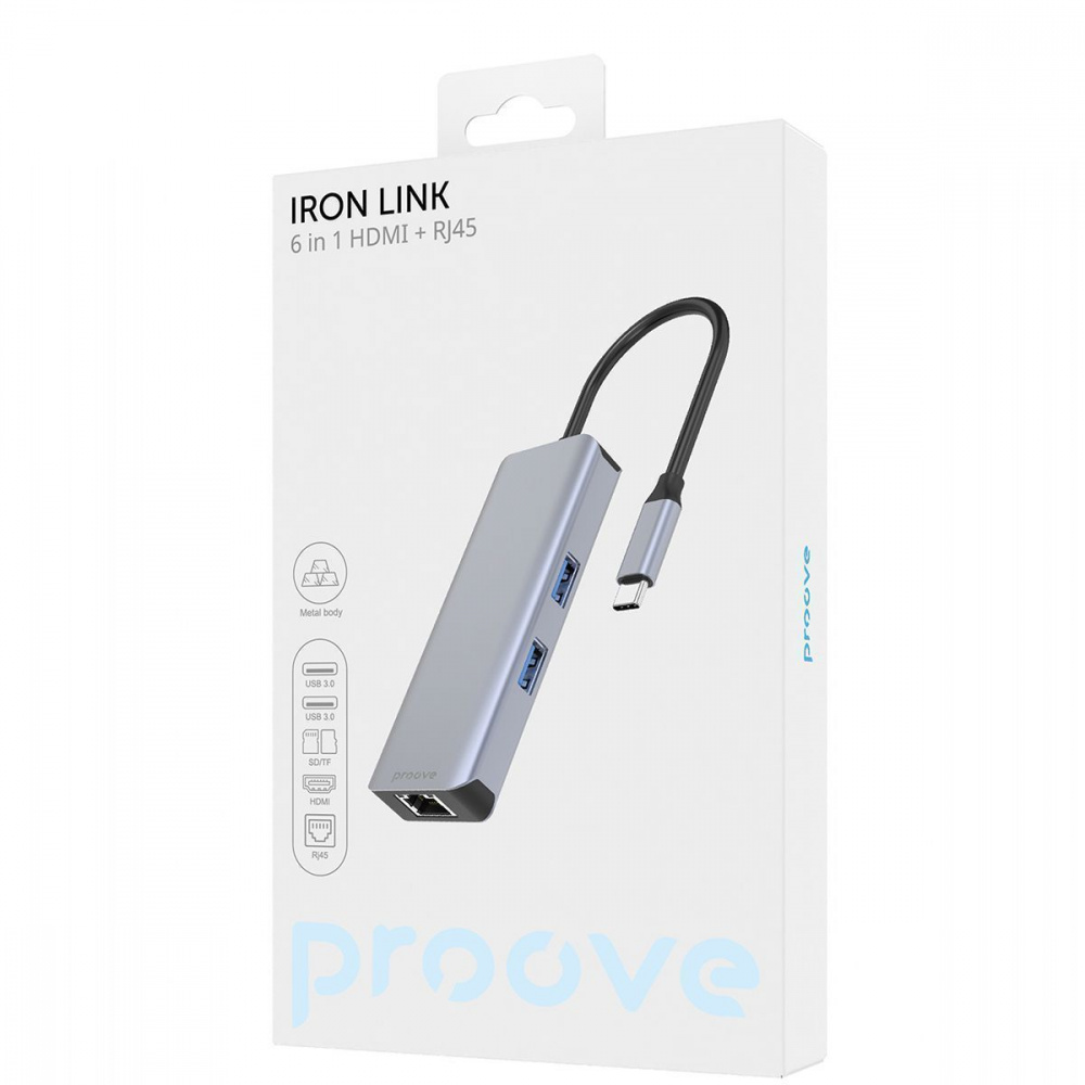 Type-C-Хаб Proove Iron Link 6 in 1 (2*USB3.0 + SD/TF + RJ45 + HDMI) - фото 1