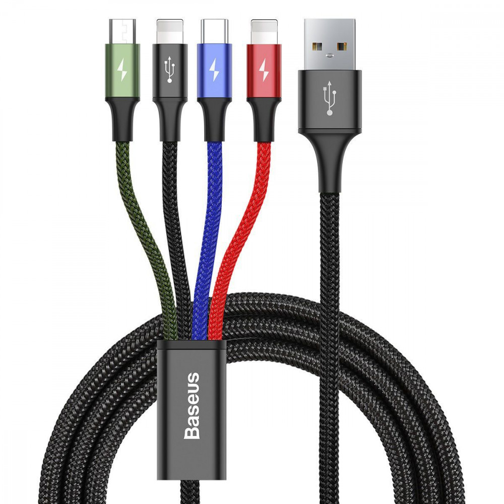 Кабель Baseus Fast 4-in-1 Cable (iP(2)+Type-C+Micro USB) 3.5A (1.2m) black (CA1T4-A01) Черный на картинке №1