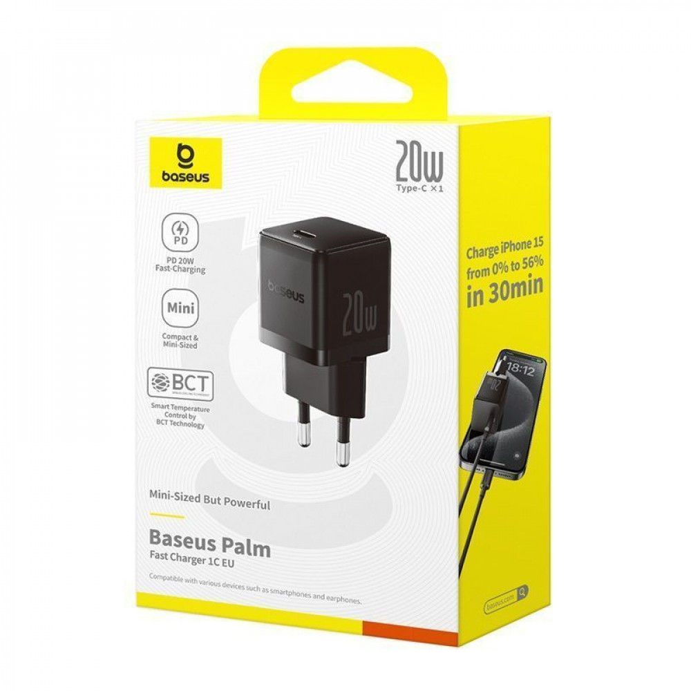 МЗП Baseus Palm Fast Charger 20W (Type-C) + Кабель Type-C to Lightning 20W (1m) black