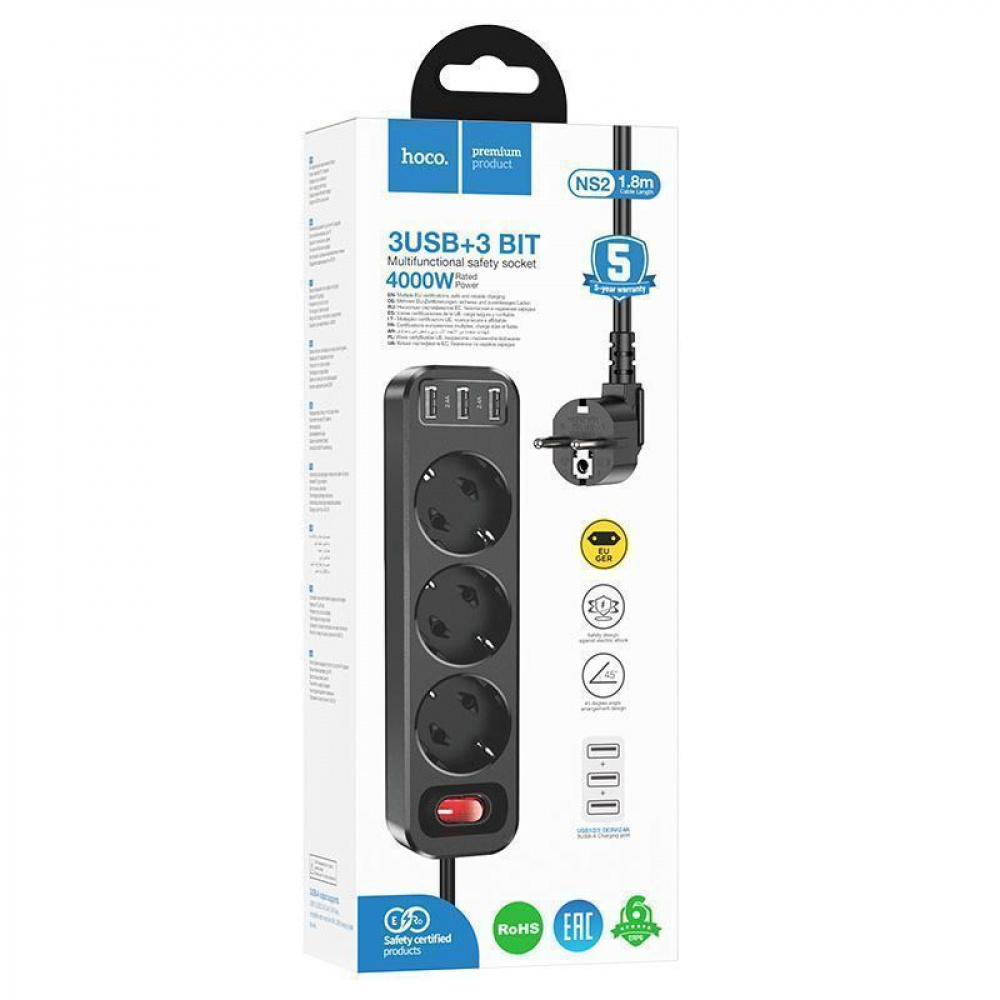 Мережевий фільтр Hoco NS2 (3 розетки + 3 USB) 1.8m — Придбати в Україні