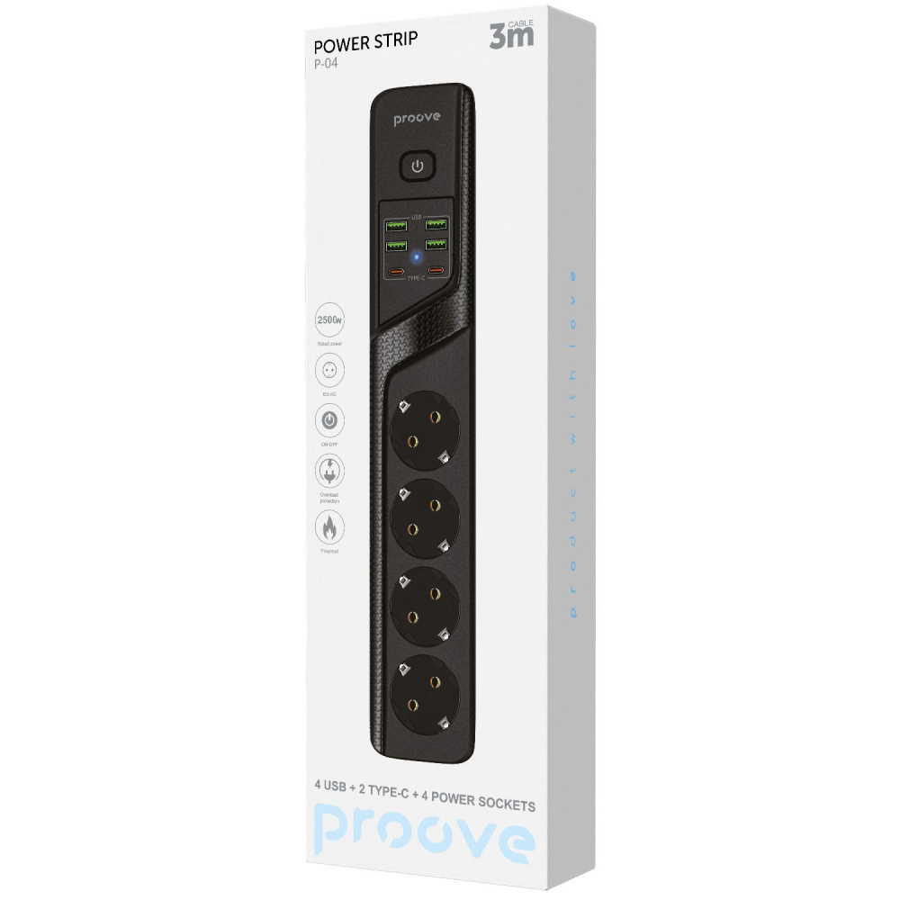 Сетевой фильтр Proove Power Strip P-04 (4 розетки + 4 USB + 2 Type-C) 3М - фото 1