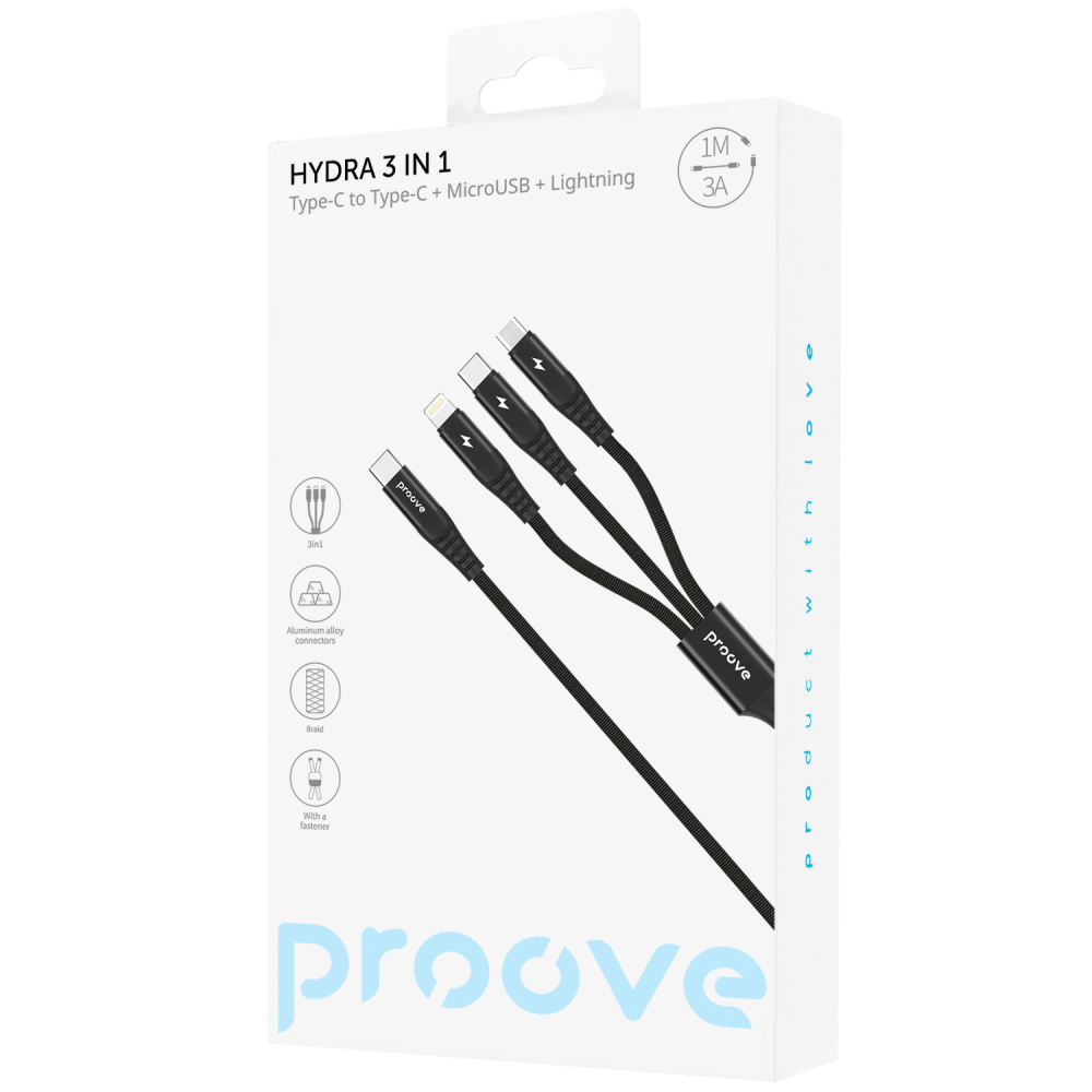 Кабель Proove Hydra 3 in 1 Type-C + Micro USB + Lightning (1m) - фото 1