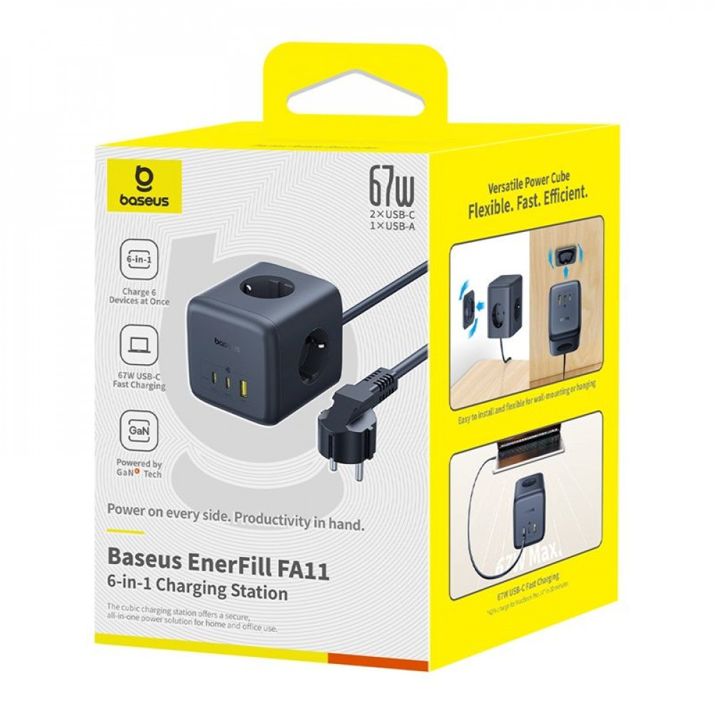 Мережевий фільтр Baseus EnerFill FA11 Cube Power Strip (3xAC + USB + 1xType-C 67W) (1.5m) black (E00082100123-00) Чорний на малюнкі №2