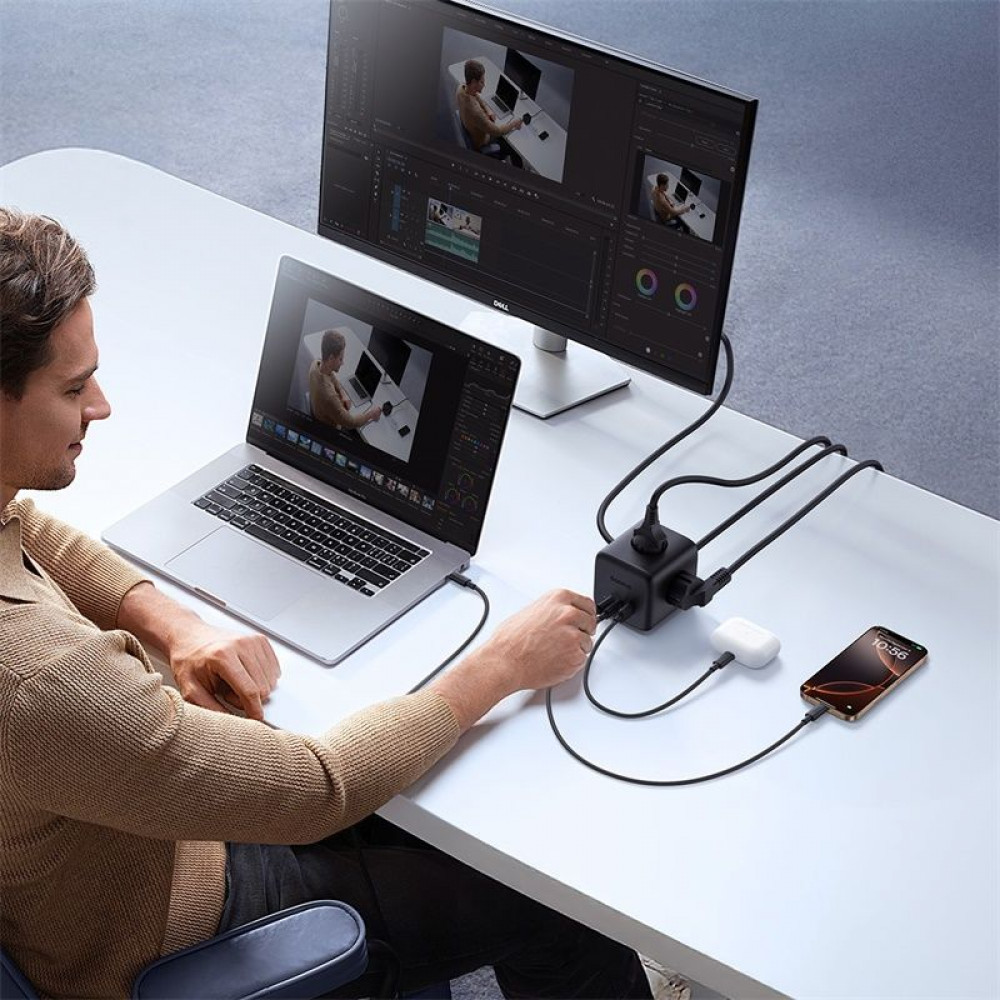 Мережевий фільтр Baseus EnerFill FA11 Cube Power Strip (3xAC + USB + 1xType-C 67W) (1.5m) black (E00082100123-00) Чорний на малюнкі №6