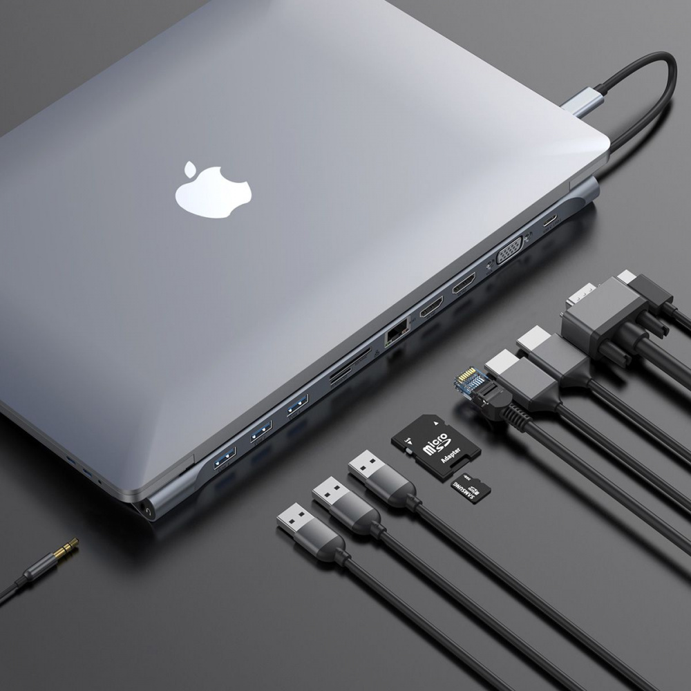 USB-Хаб Baseus Enjoyment Series Type-C Notebook (PD/HD4K*2/VGA/RJ45/SD/TF/USB*3/Adapter) - фото 2