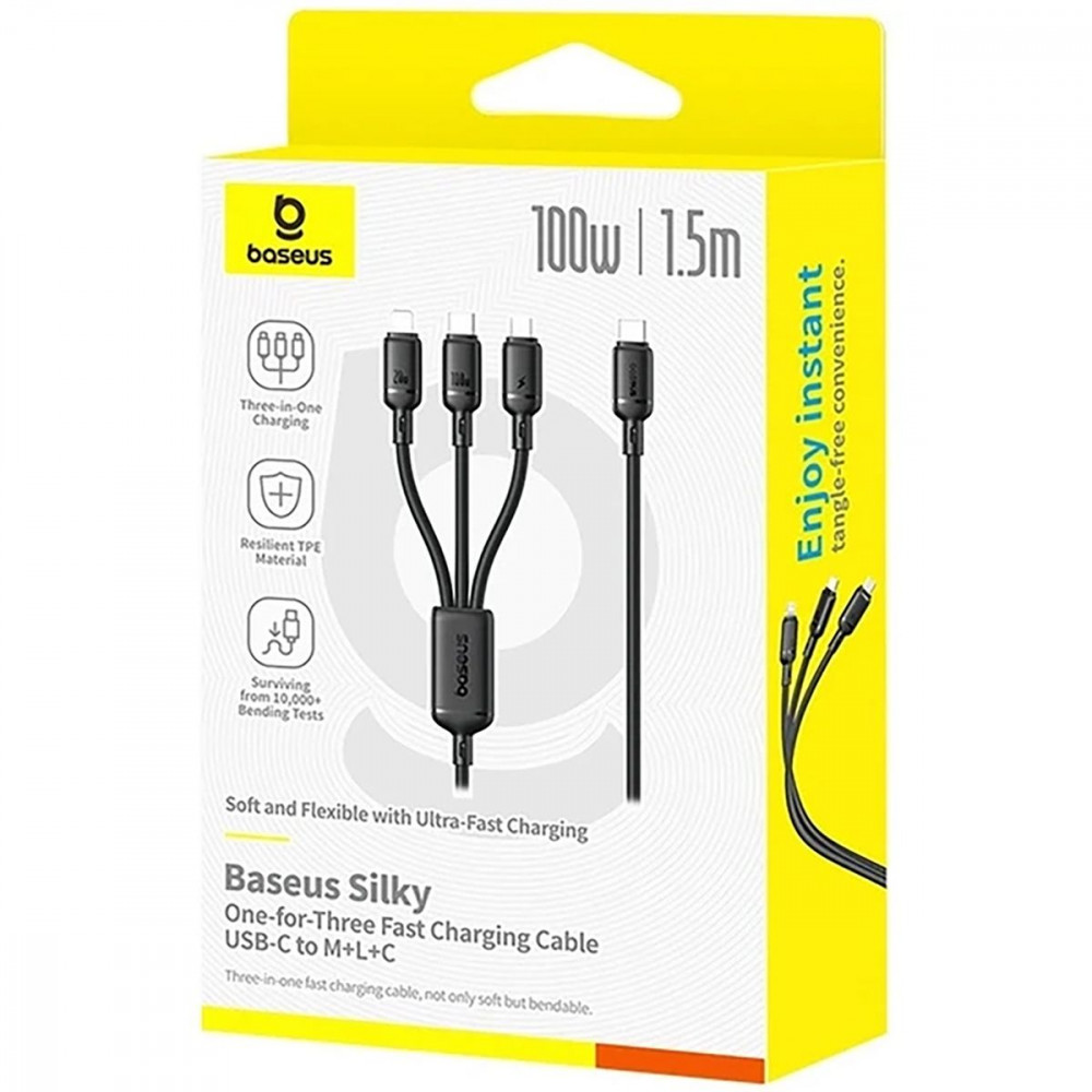 Кабель Baseus Silky One-for-Three Fast Charging Type-C to Micro USB+Lightning+Type-C 100W 1.5m black на малюнкі №2