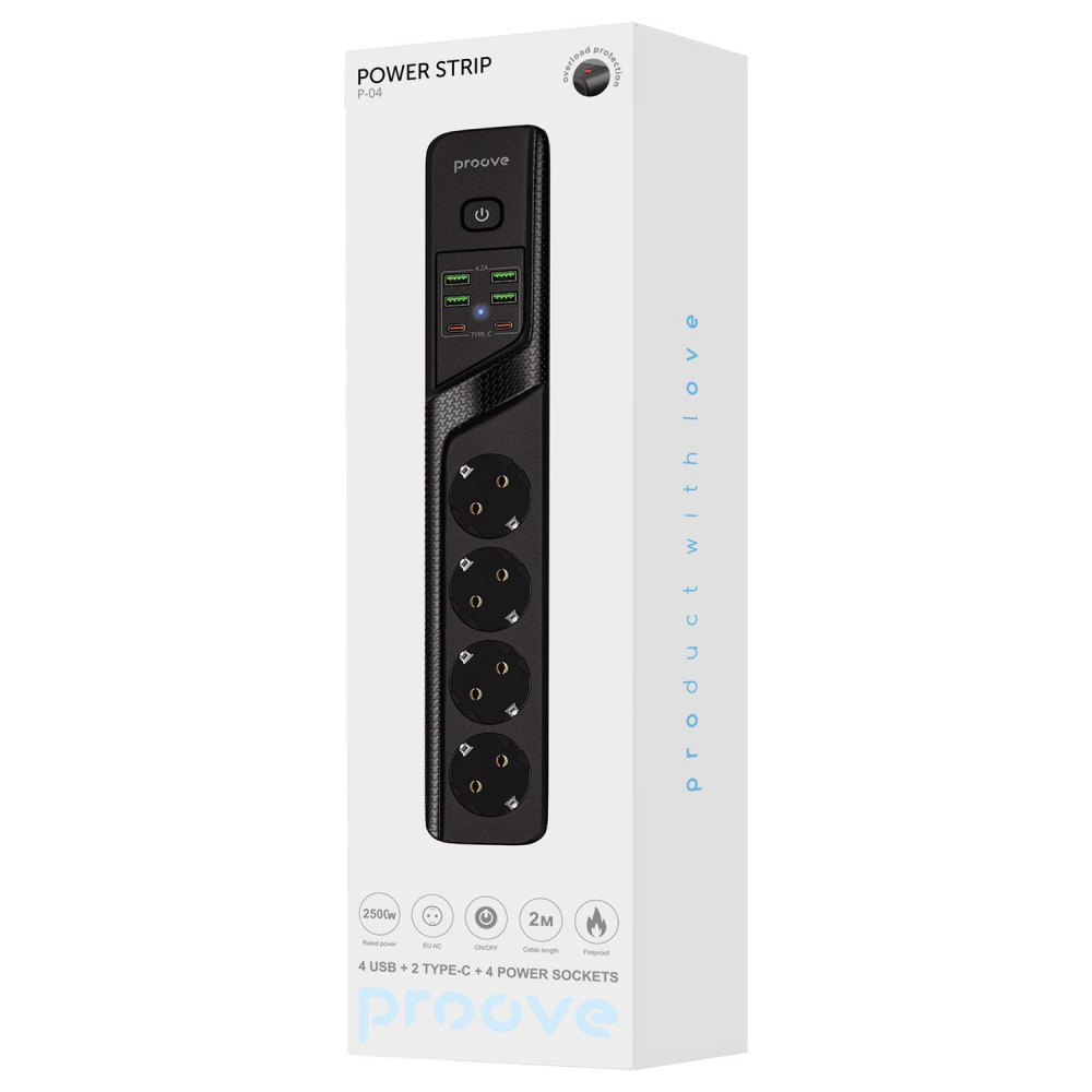 Сетевой фильтр Proove Power Strip P-04 (4 розетки + 4 USB + 2 Type-C) 2М - фото 1