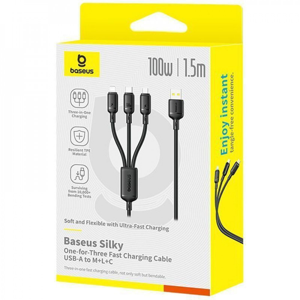 Кабель Baseus Silky One-for-Three Fast Charging USB to Micro USB+Lightning+Type-C 100W 1.5m white