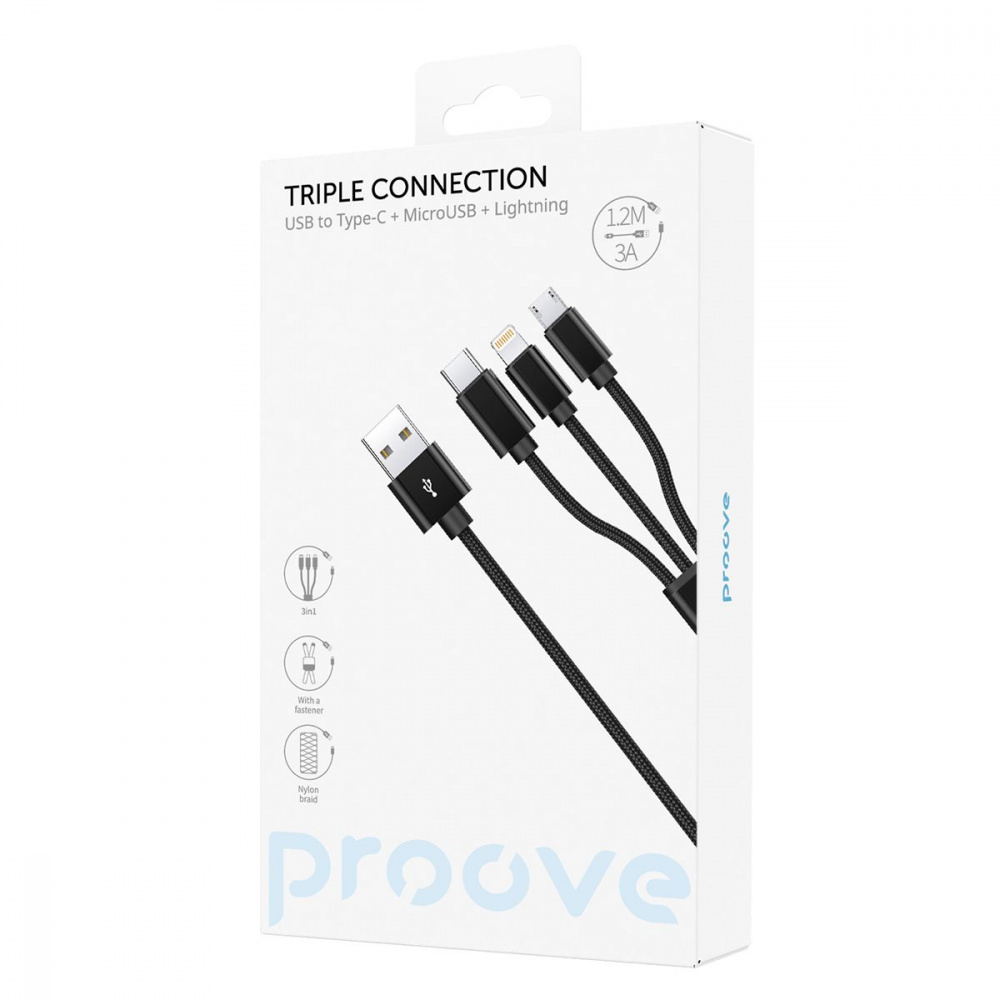 Кабель Proove Triple Connection 3 in 1 Type-C + Micro USB + Lightning (1,2m) - фото 1