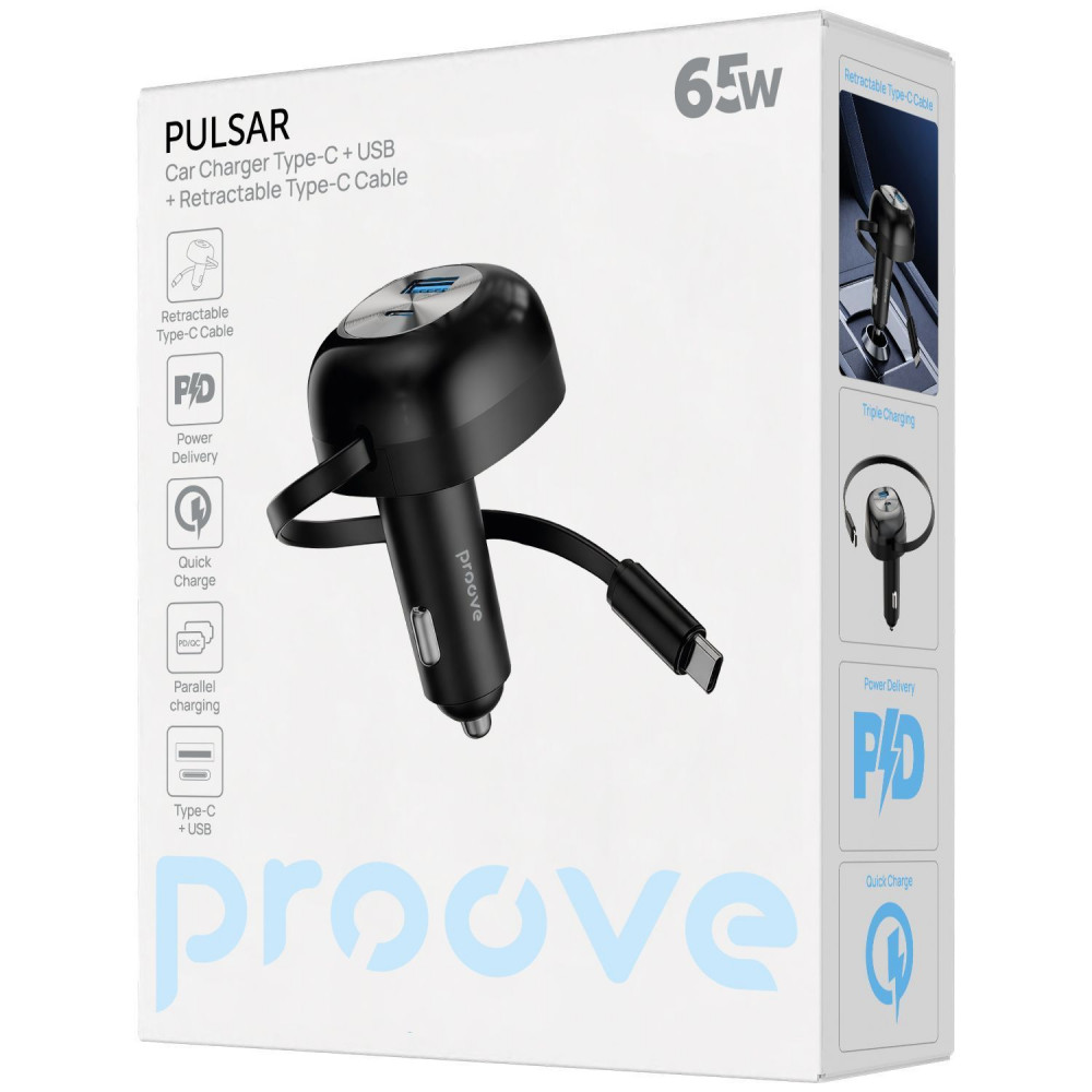 АЗУ Proove Pulsar 65W (Type-C + USB) + Retractable Type-C Cable black (CCPR65110001) Черный на картинке №2