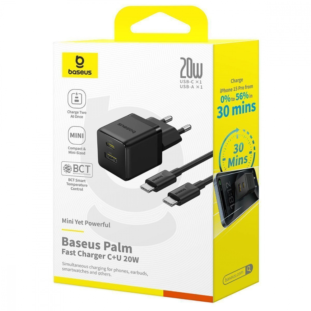 МЗП Baseus Palm Fast Charger Type-C+USB 20W (With Cable Type-C to Type-C 60W 1m) — Придбати в Україні - фото 1