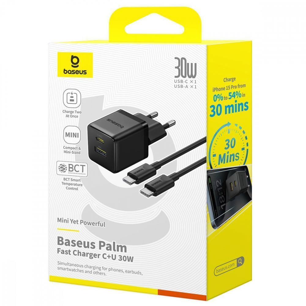 МЗП Baseus Palm Fast Charger Type-C+USB 30W (With Cable Type-C to Type-C 60W 1m) — Придбати в Україні - фото 1