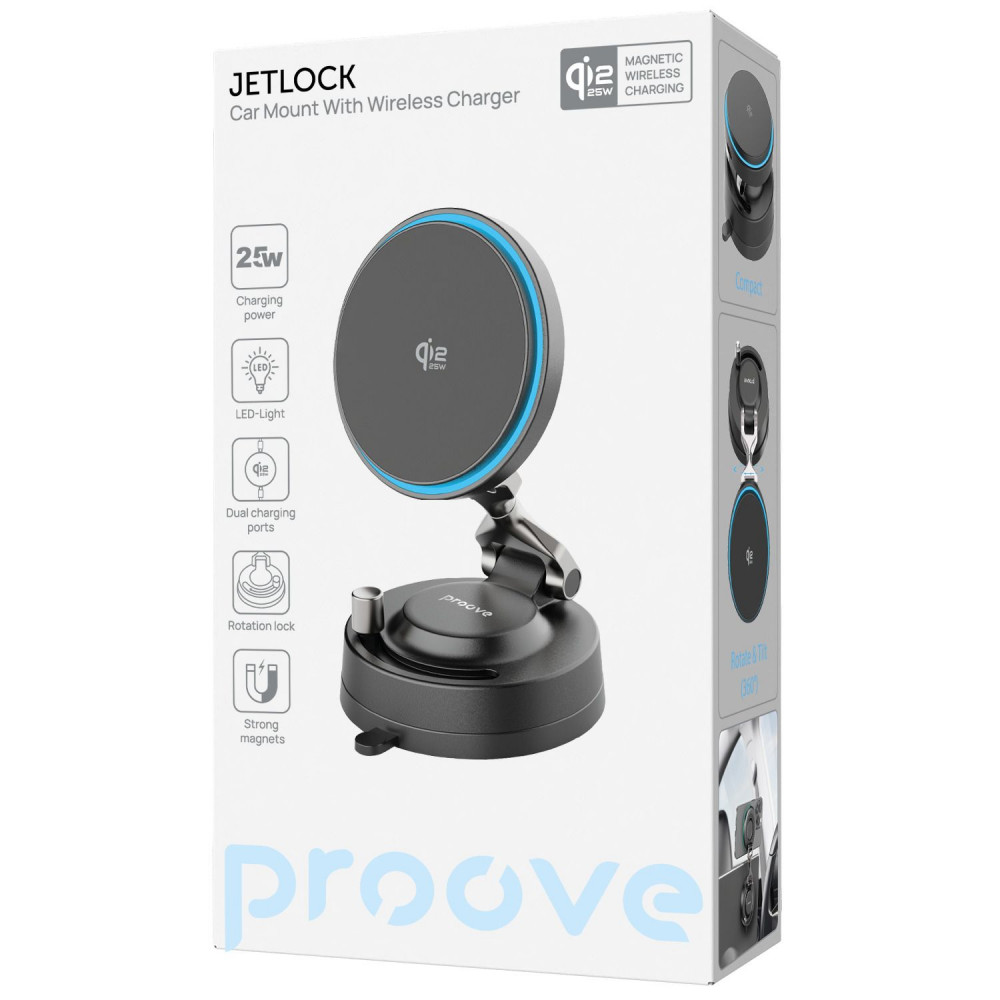 Автодержатель с Беспроводной Зарядкой Proove JetLock Qi2.2 25W - фото 1