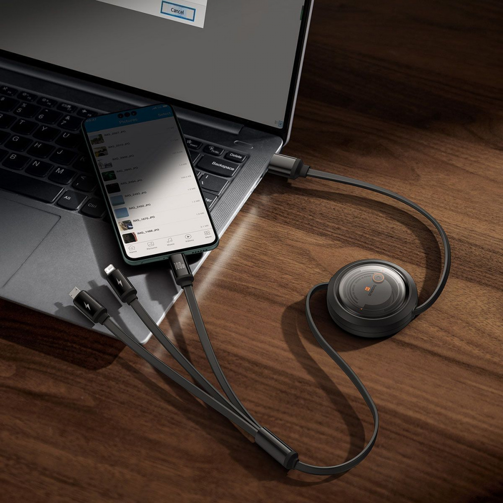 Cable Baseus Free2Draw Retractable Crystal 3-in-1 (Micro USB+Lightning+Type-C) 100W (1.1m) - фото 6
