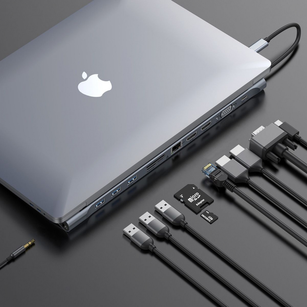 USB-Хаб Baseus Enjoyment Series Type-C Notebook (PD/HD4K*2/VGA/RJ45/SD/TF/USB*3/Adapter) — Придбати в Україні - фото 2