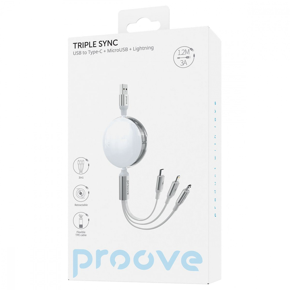 Кабель Proove Triple Sync 3 in1 Type-C + Micro USB + Lightning (1.2m) — Придбати в Україні - фото 1