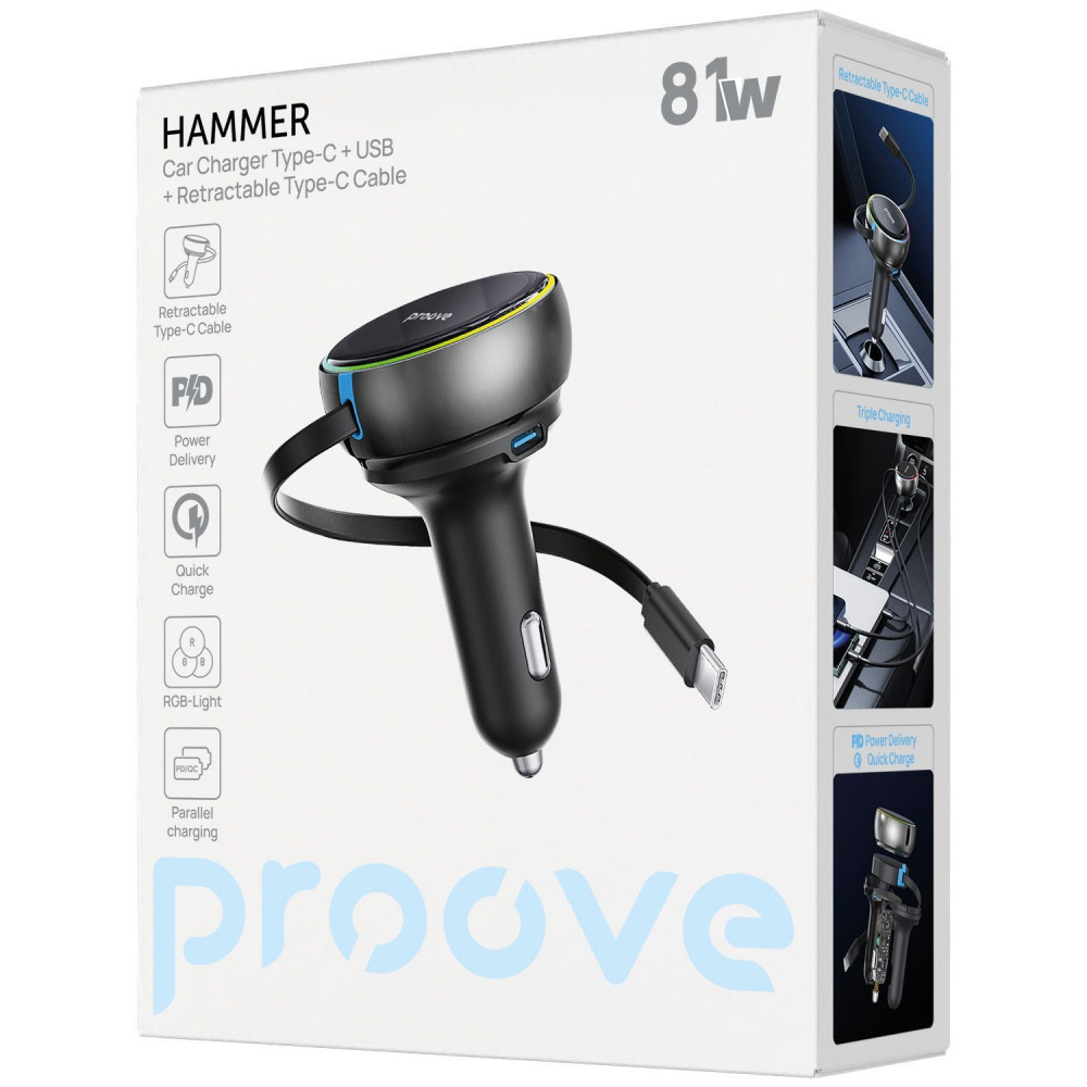 АЗП Proove Hammer 81W (Type-C + USB) + Retractable Type-C Cable — Придбати в Україні - фото 1