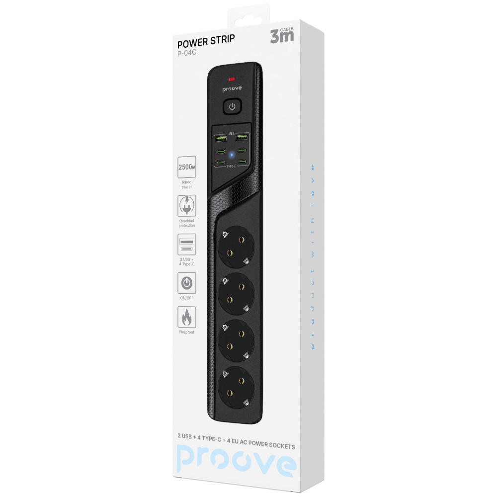 Мережевий фільтр Proove Power Strip P-04C (4 розетки + 2 USB + 4 Type-C) 3М — Придбати в Україні - фото 1