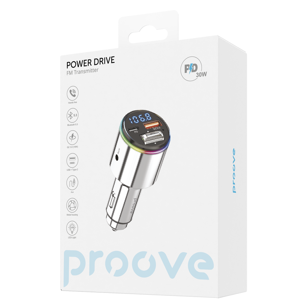 Автомобильное ЗУ Proove FM Launcher Power Drive 30W (PD+QC3.0) Type-C+USB+AUX - фото 1