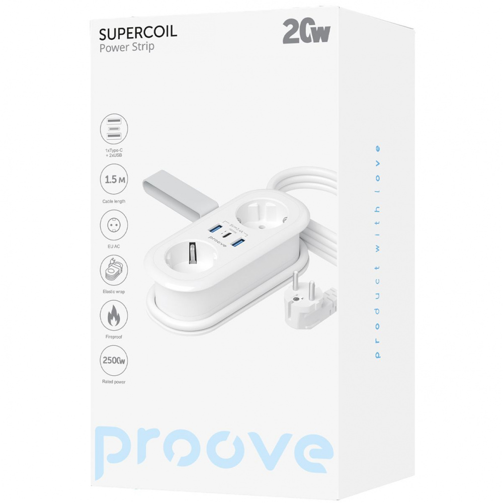 Сетевой фильтр Proove Supercoil 20W (2xAC + Type-C + 2xSB) 1.5m - фото 1
