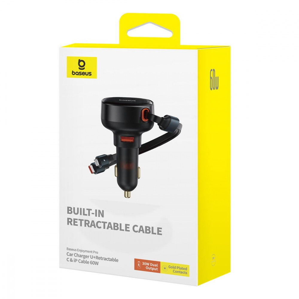 Автомобильное ЗУ Baseus Enjoyment Pro Car Charger USB + Retractable C & iP Cable 60W - фото 1