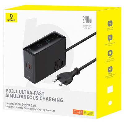 Купить СЗУ Baseus Digital GaN Intelligent Desktop Fast Charger 240W (3xType+C+USB+DC) (With Cable DC to DC 240W 1m) 61038 - Ncase
