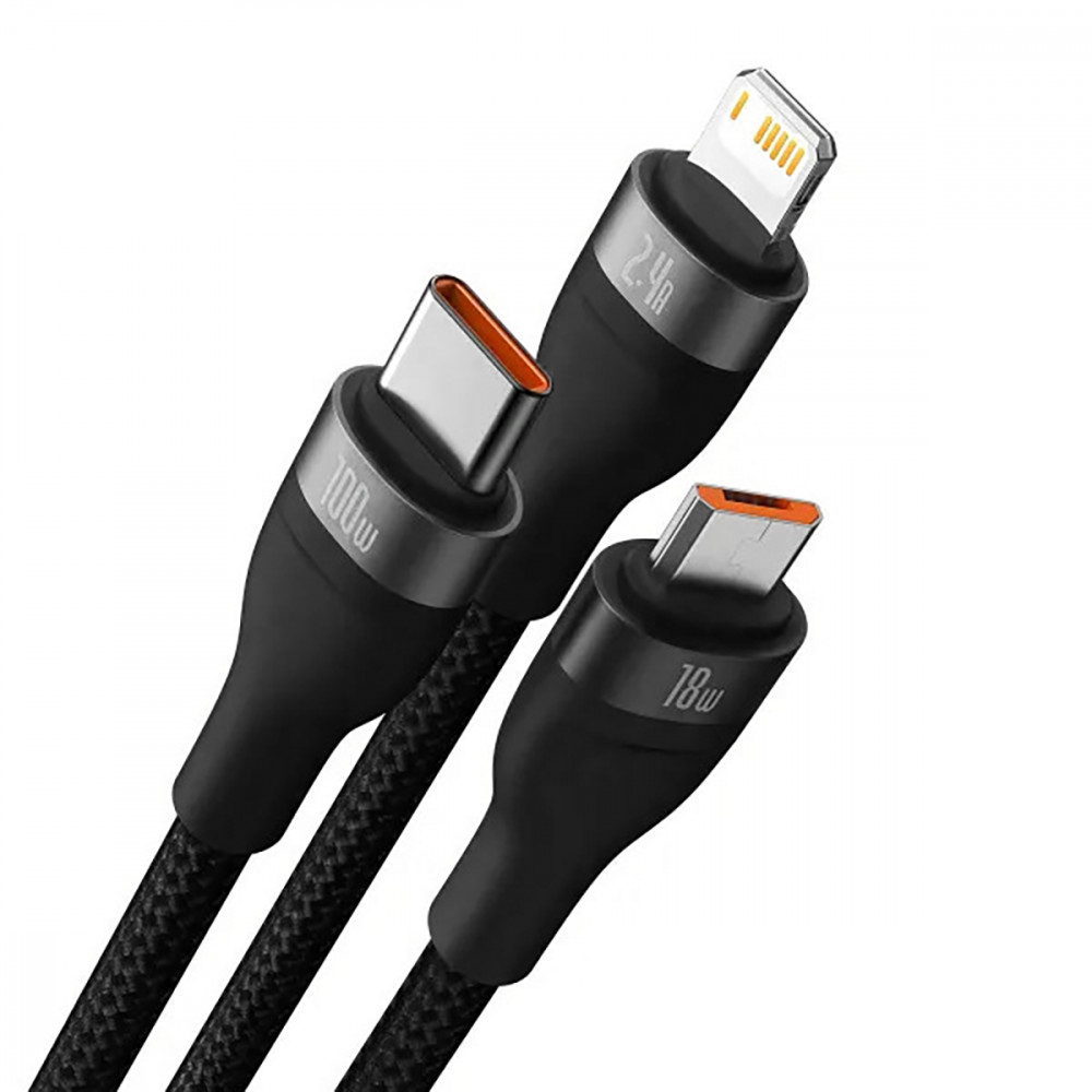 Кабель Baseus Flash Series 2 One-for-three Fast Charging (Micro USB+Lightning+Type-C) 100W (1.2m) — Придбати в Україні - фото 2