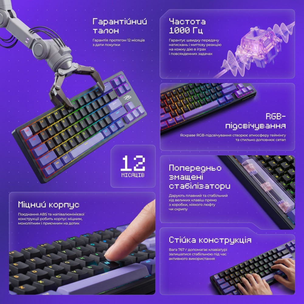 Дротова магнітна клавіатура Proove Gaming Aress (Ukraine Layout) white/purple