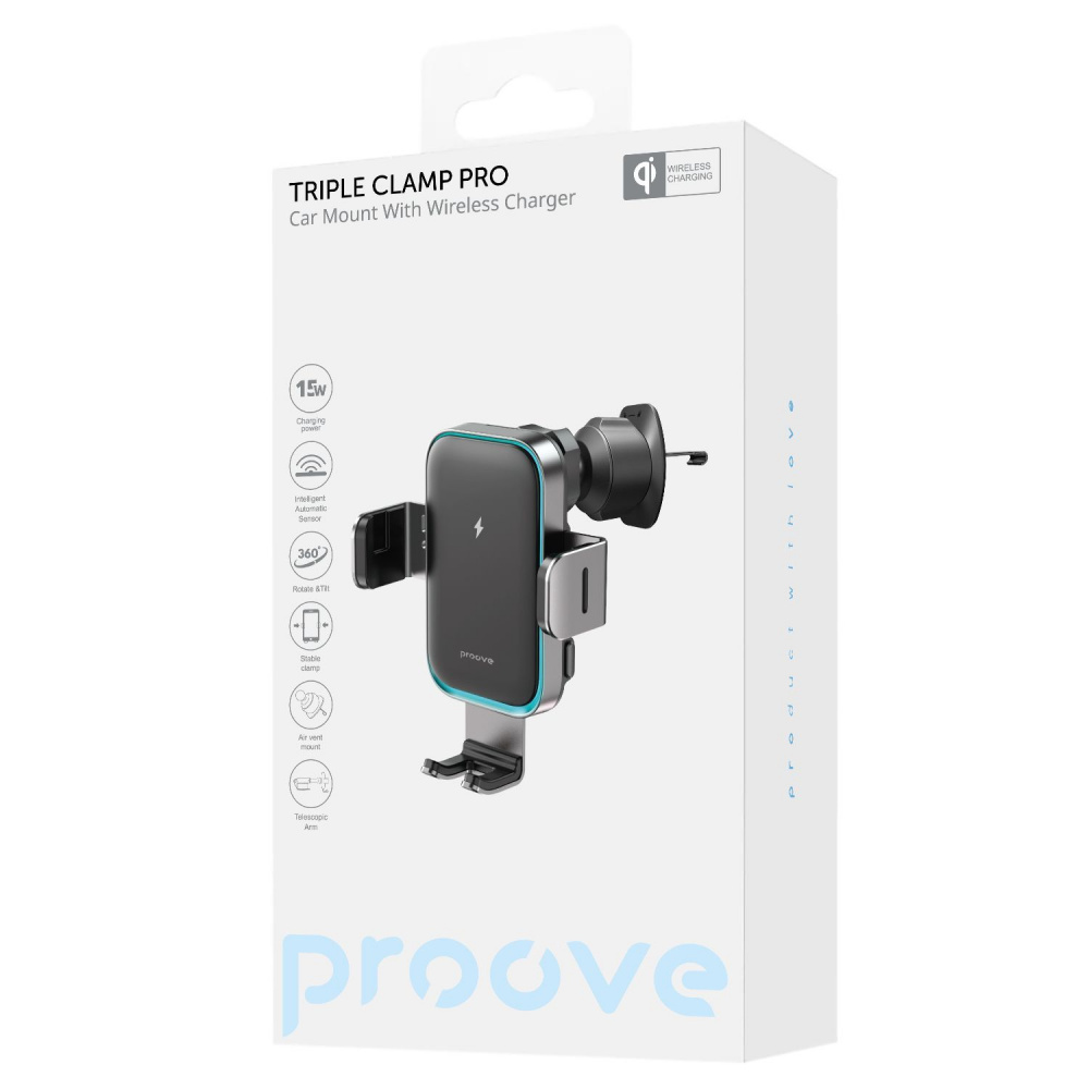 Автодержатель с Беспроводной Зарядкой Proove Triple Clamp Pro 15W - фото 1