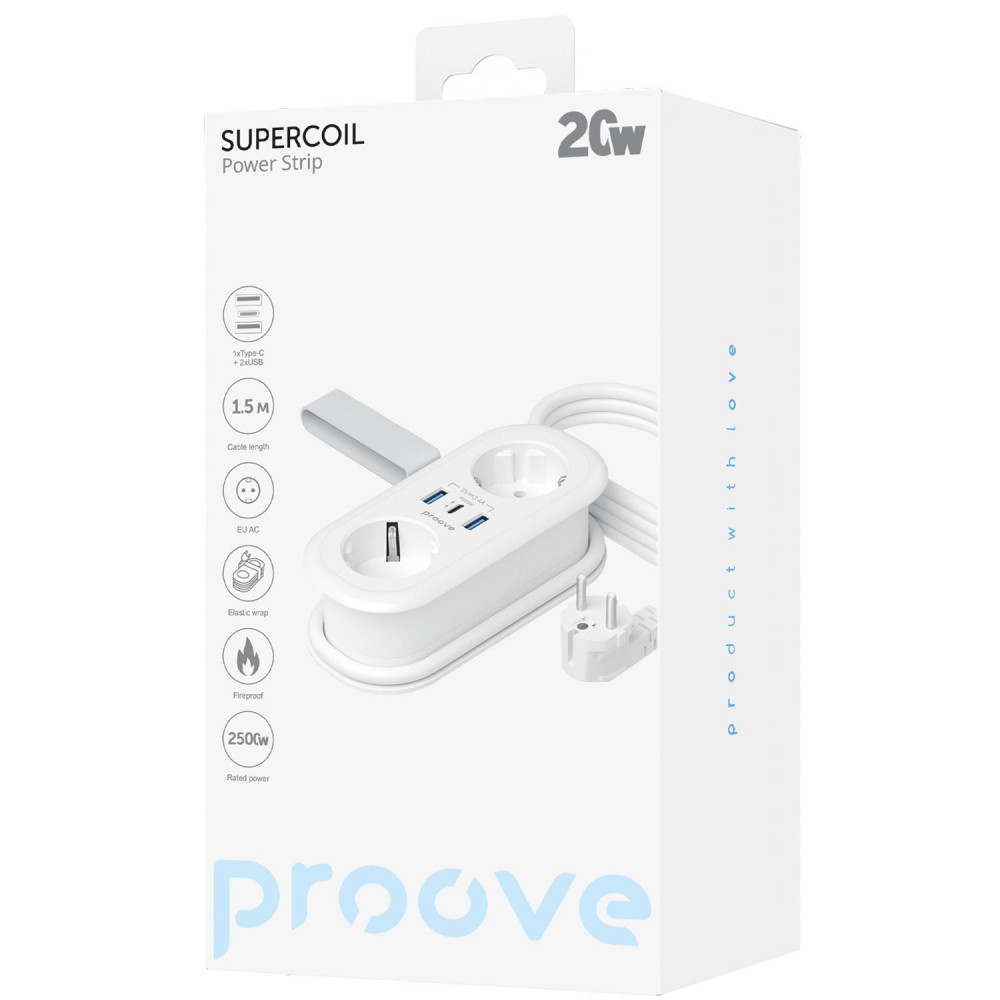 Сетевой фильтр Proove Supercoil 20W (2xAC + Type-C + 2xSB) 1.5m - фото 1