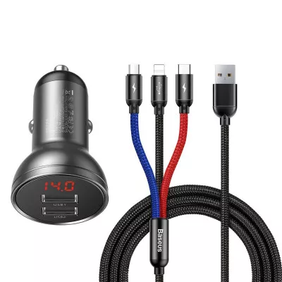 Купить АЗП Baseus Digital Display Dual USB 4.8A Car Charger 24W with Three Primary Colors 3-in-1 29869 - Ncase