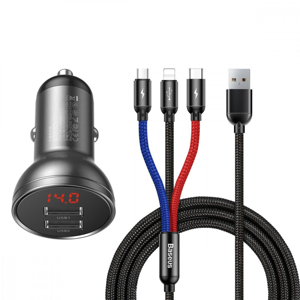 АЗП Baseus Digital Display Dual USB 4.8A Car Charger 24W with Three Primary Colors 3-in-1 gray на малюнкі №1
