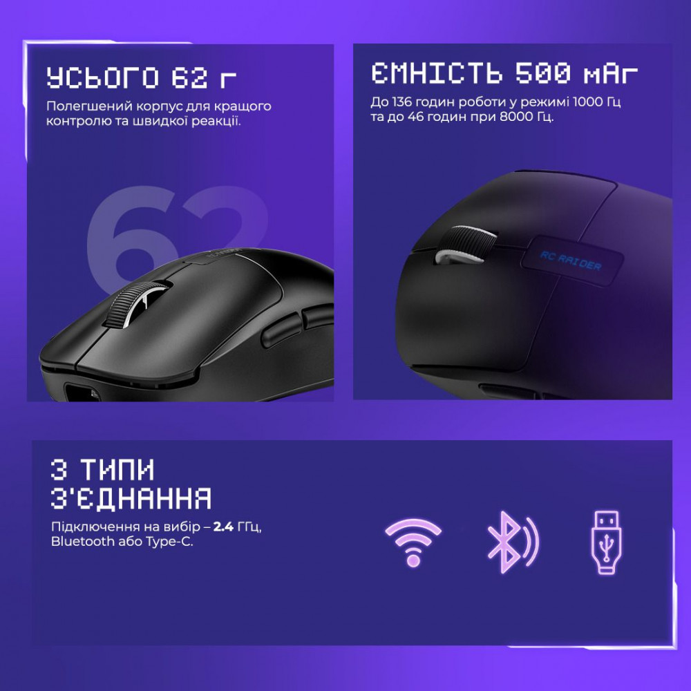 Бездротова ігрова миша Proove Gaming RC Raider 8K white/purple (WMRR00122017) Білий/фіолетовий на малюнкі №6