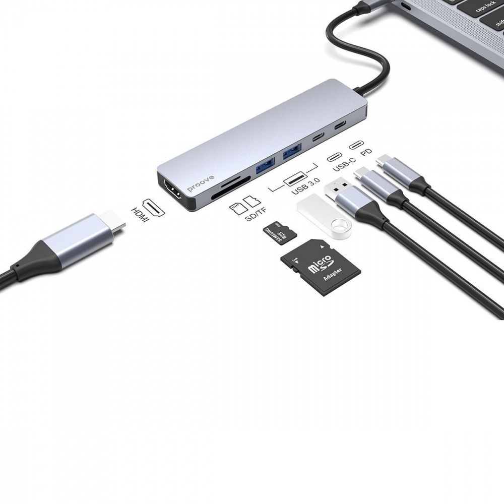 Type-C-Хаб Proove Iron Link 7 in 1 (2*Type-C + 2*USB3.0 + HDMI + SD/TF) - фото 2