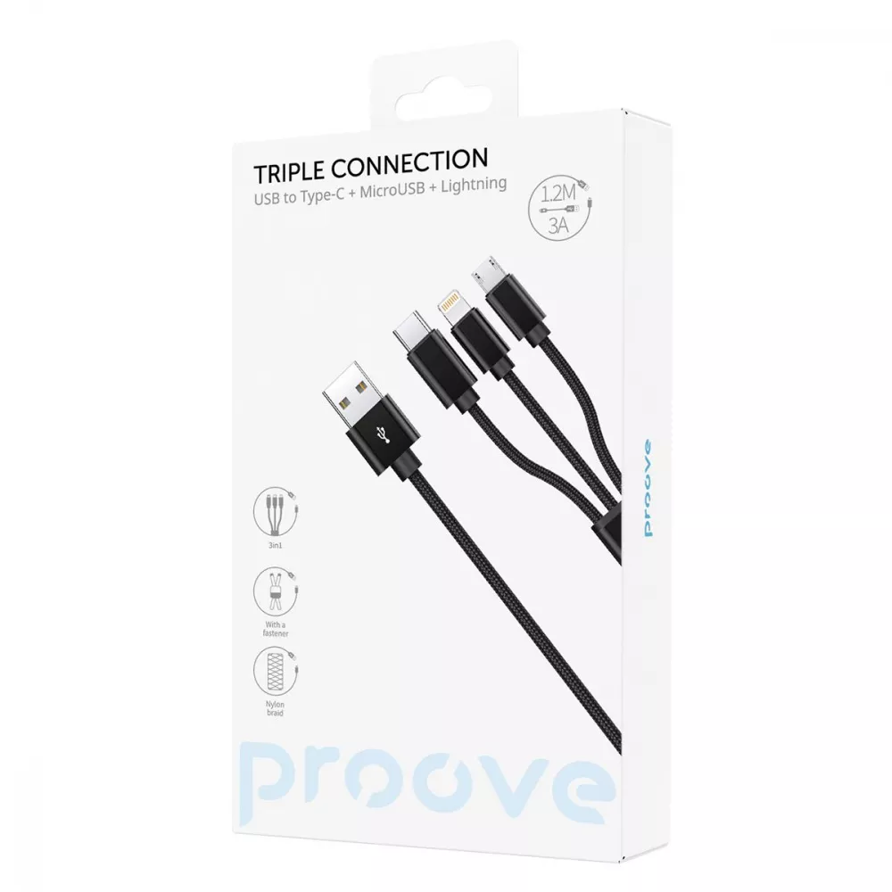Кабель Proove Triple Connection 3 in 1 Type-C + Micro USB + Lightning (1,2m) — Придбати в Україні - фото 1