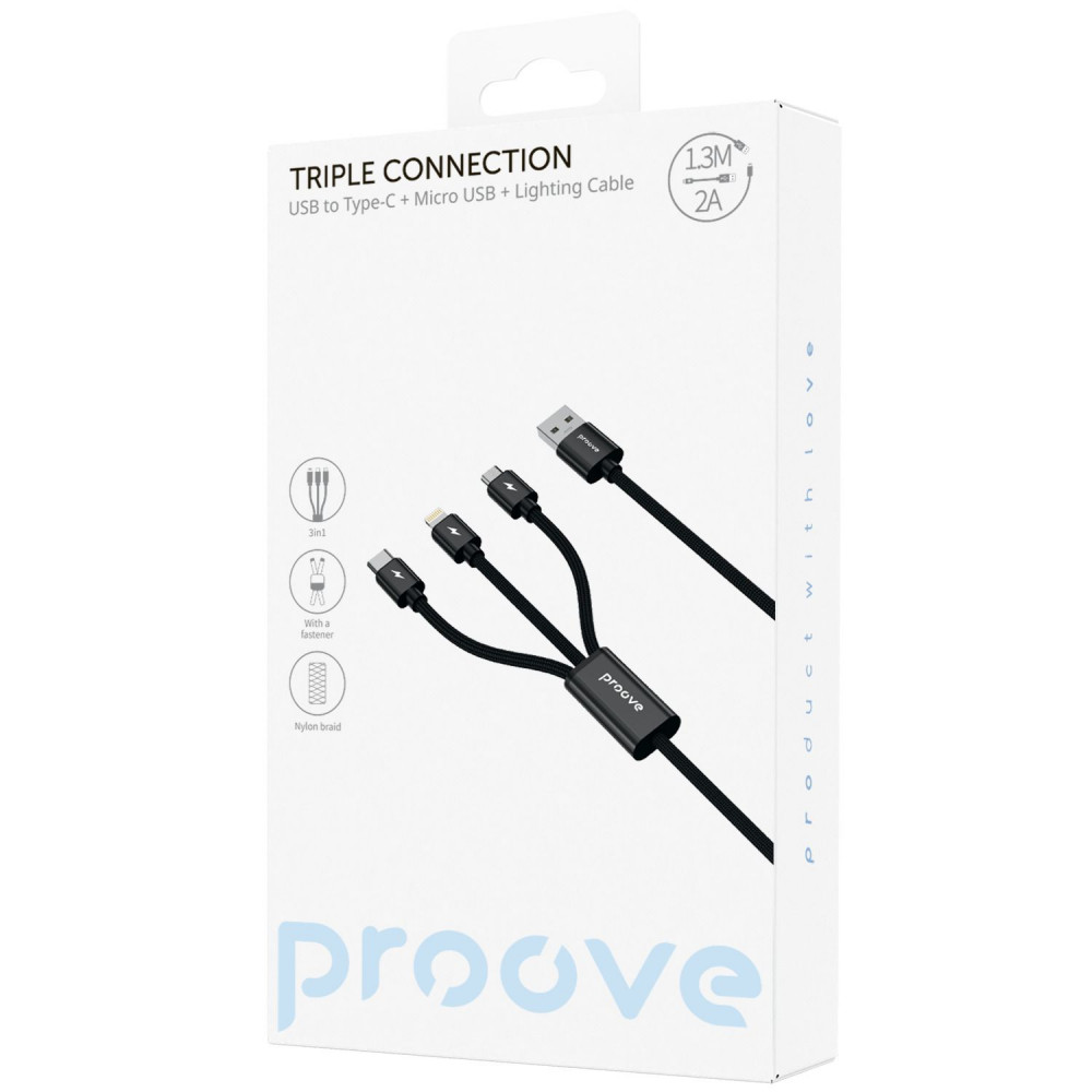 Кабель Proove Triple Connection 3 in 1 Type-C + Micro USB + Lightning (1.3m) black на малюнкі №2