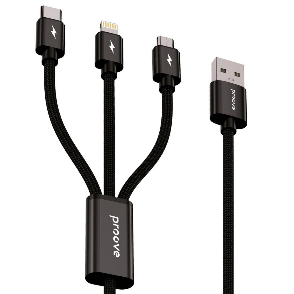 Кабель Proove Triple Connection 3 in 1 Type-C + Micro USB + Lightning (1.3m) black на малюнкі №1