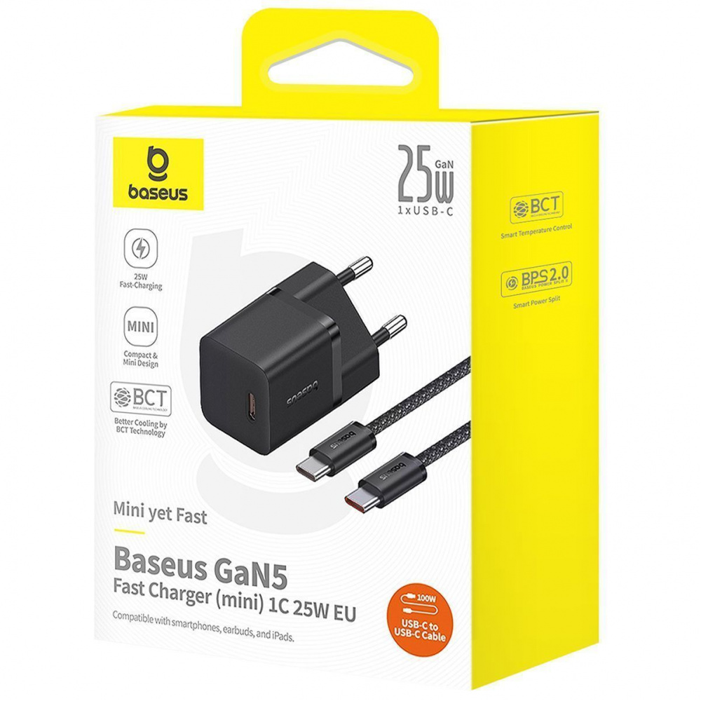 СЗУ Baseus GaN5 Mini Fast Charger Type-C 25W (З кабелем Type-C to Type-C 100W 1m) - фото 1