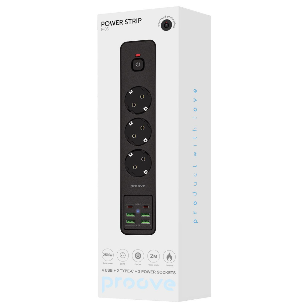 Мережевий фільтр Proove Power Strip P-03 (3 розетки + 4 USB + 2 Type-C) 2М — Придбати в Україні