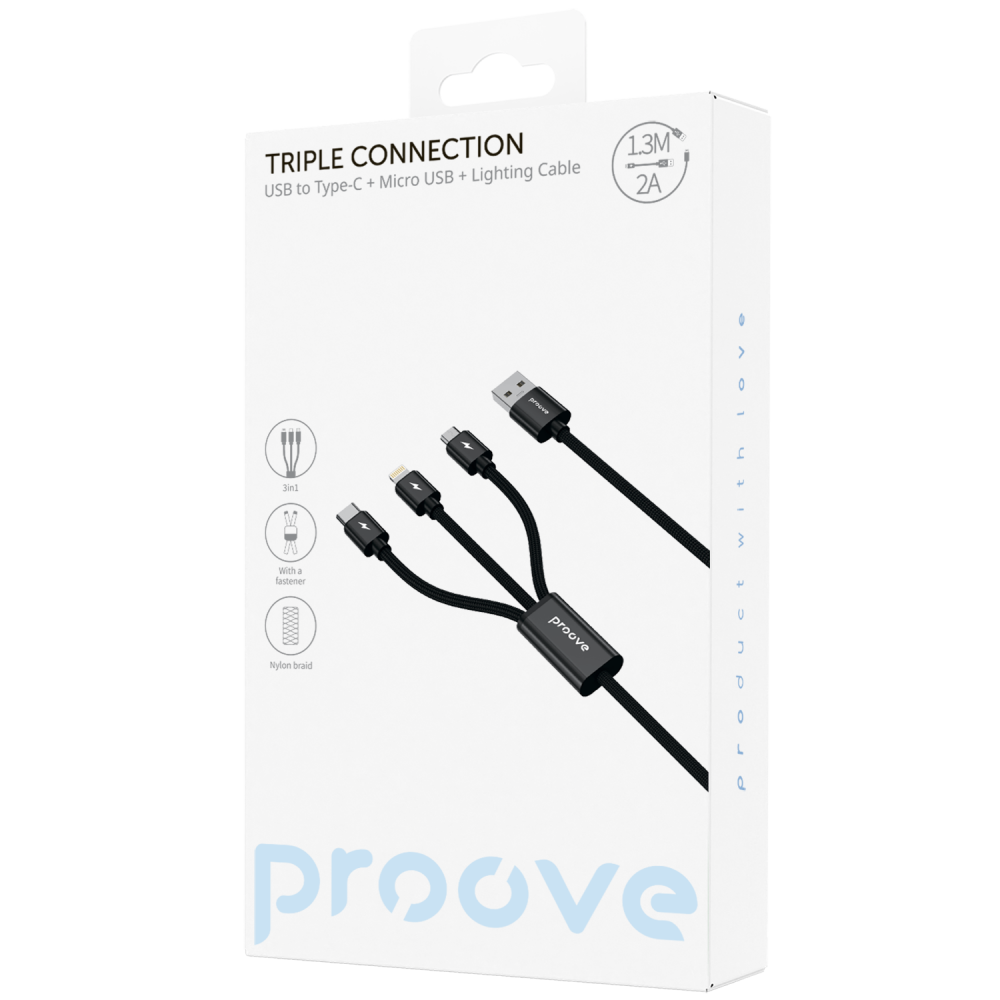 Кабель Proove Triple Connection 3 in 1 Type-C + Micro USB + Lightning (1.3m) — Придбати в Україні - фото 1