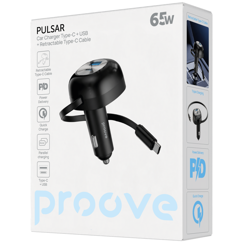 АЗП Proove Pulsar 65W (Type-C + USB) + Retractable Type-C Cable — Придбати в Україні - фото 1